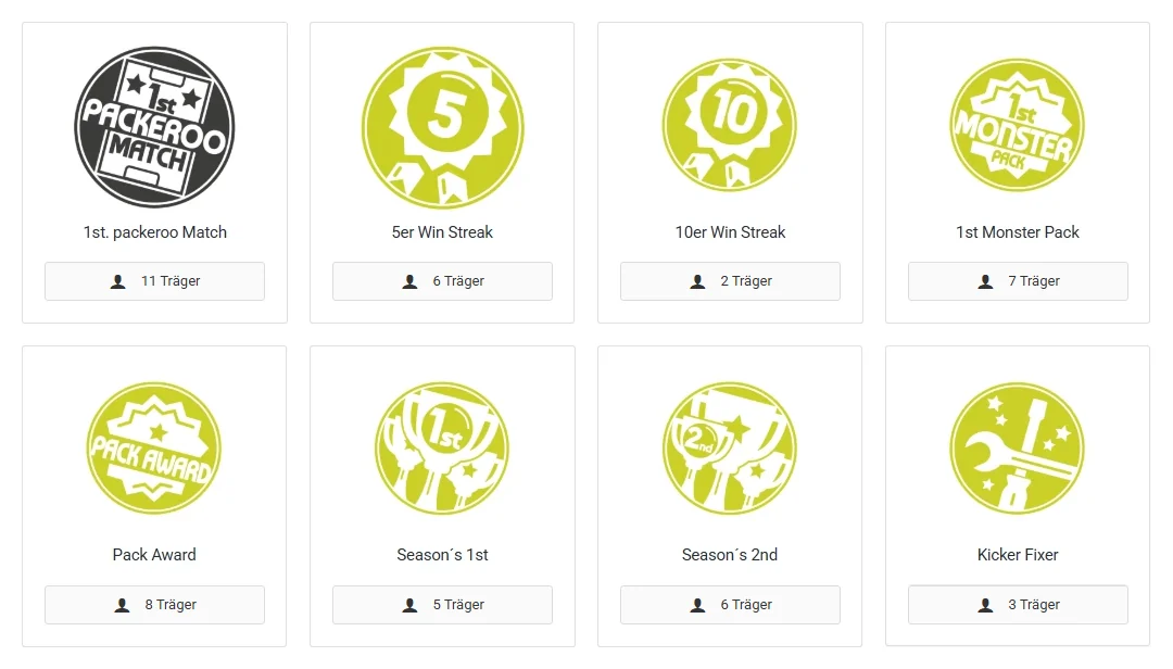 Écran de l’appli (en allemand) : huit badges de trophées, dont 1st packeroo Match, séries de 5 et 10 victoires, 1st Monster Pack, Pack Award, Season’s 1st et 2nd, et Kicker Fixer.