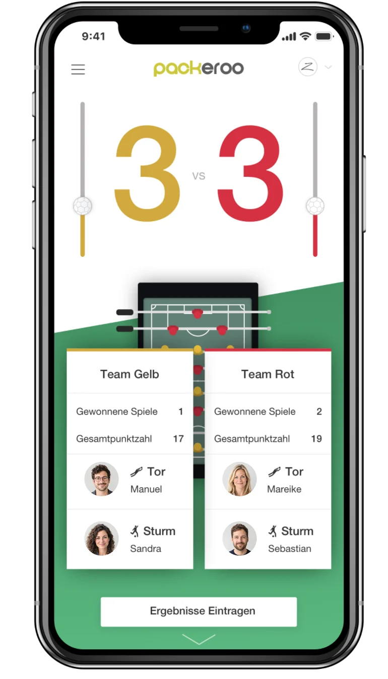 Écran de l’appli (en allemand) sur un téléphone : score de 3 à 3, équipe jaune et équipe rouge avec gardien et attaquant, en dessous le bouton pour valider le résultat.