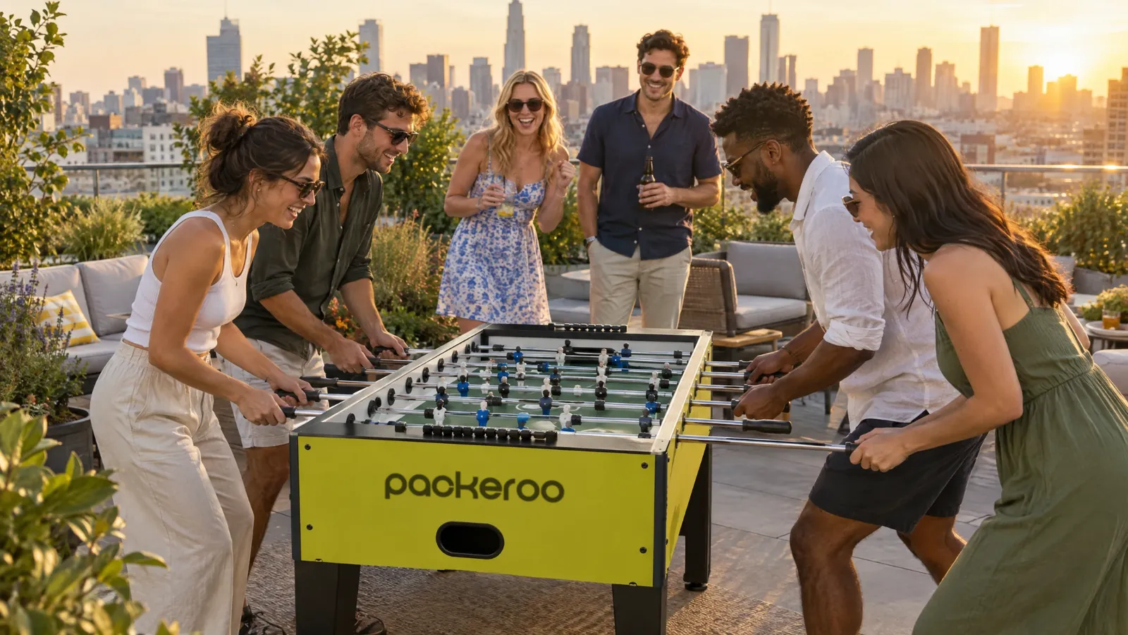 AI-generated image: six people playing on a rooftop terrace in summer, city skyline behind, at a foosball table with the packeroo logo.