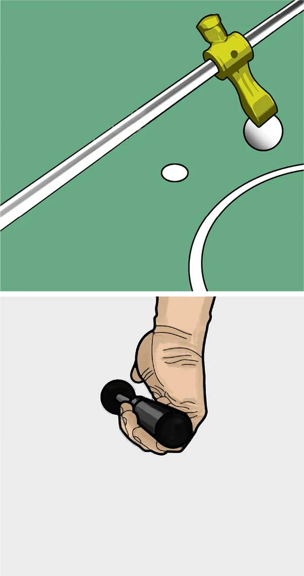 Der Ball ist eingeklemmt, die Hand liegt halb offen am Griff