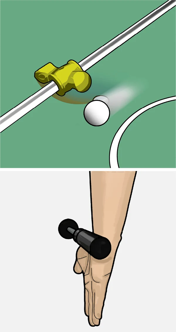 Die Figur gleitet seitlich über den Ball und steht dahinter
