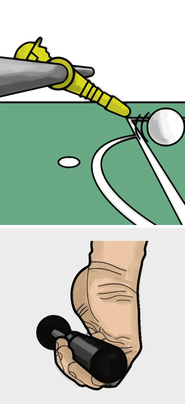 Die Figur trifft den Ball, die Hand fängt den Griff