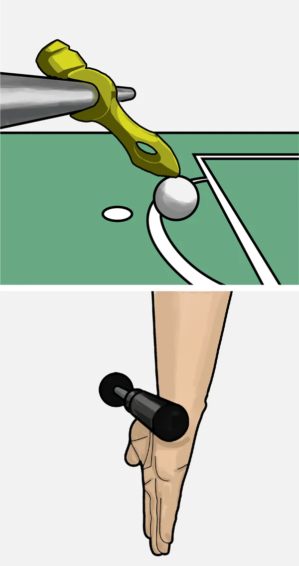 Ball eingeklemmt, Handgelenk liegt am Griff, Finger zeigen nach unten