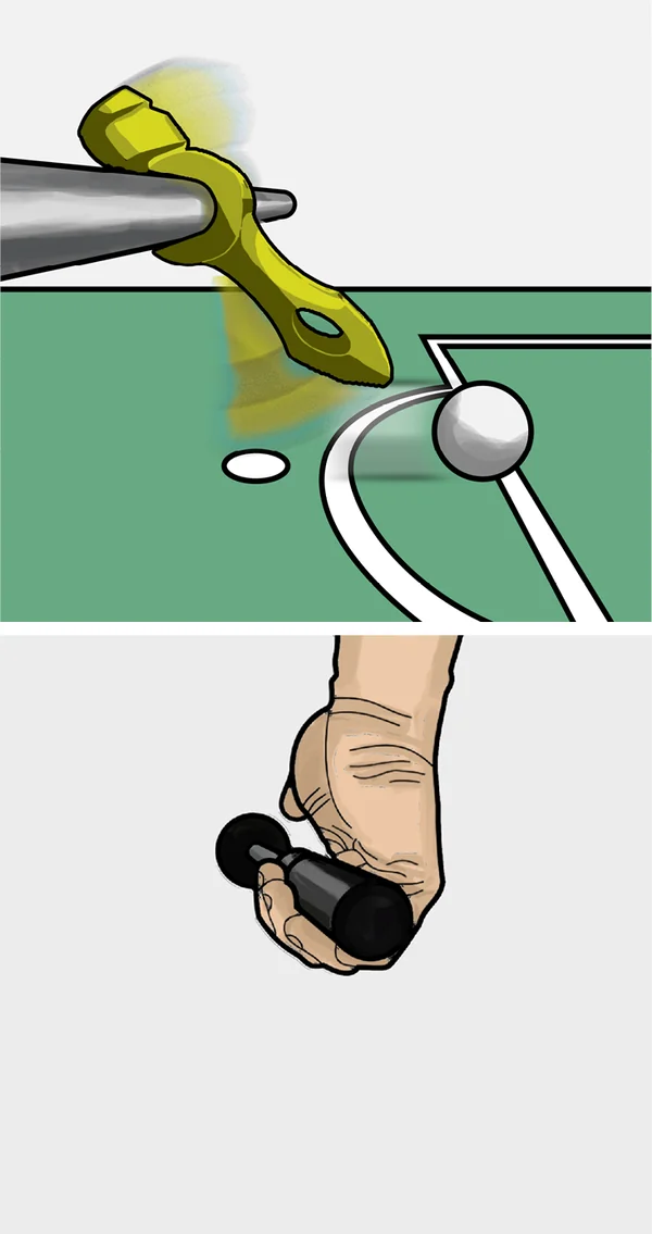 Die Figur trifft den Ball, die Finger fangen den Griff