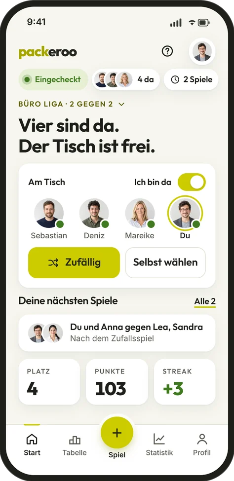 Startseite der neuen packeroo-App: vier Kollegen sind am Kickertisch eingecheckt, darunter die Knöpfe „Zufällig“ und „Selbst wählen“. Spielerbilder KI-generiert.