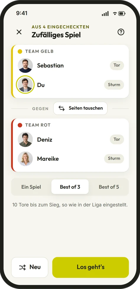 Zufällig geloste Teams in der neuen packeroo-App: Team Gelb gegen Team Rot, jeweils mit Tor und Sturm. Spielerbilder KI-generiert.